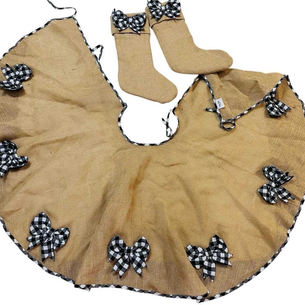 Martha Stewart Christmas Tree Burlap Skirt, 2 Stockings with Plaid Bows